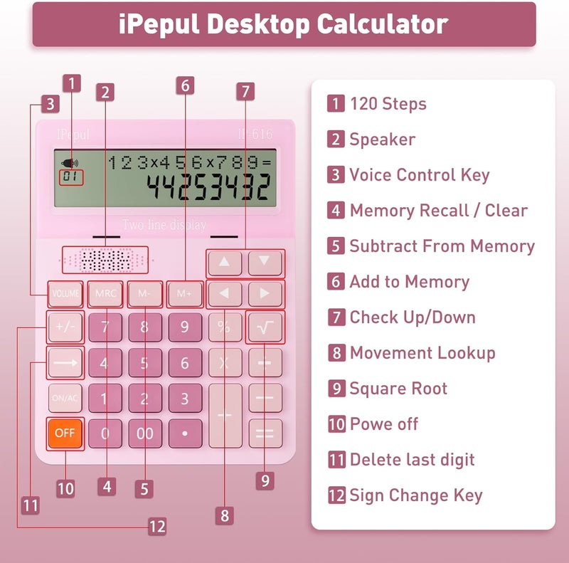 iPepul Calculators Desktop, Desk Calculator with Large 2 Line Display, Talking Basic Calculator with big Button & Adjustable Volume, 4 Function Calculators for Business, Students,School Office Supplies(Pink) - Image 4